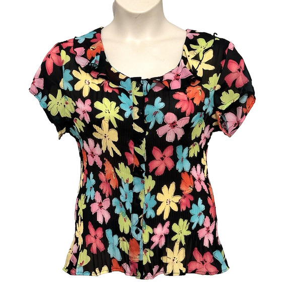 Vintage Funky Women Top XL Black Bright Floral Micro Pleat Crinkle Retro Mod Y2K - Picture 1 of 14